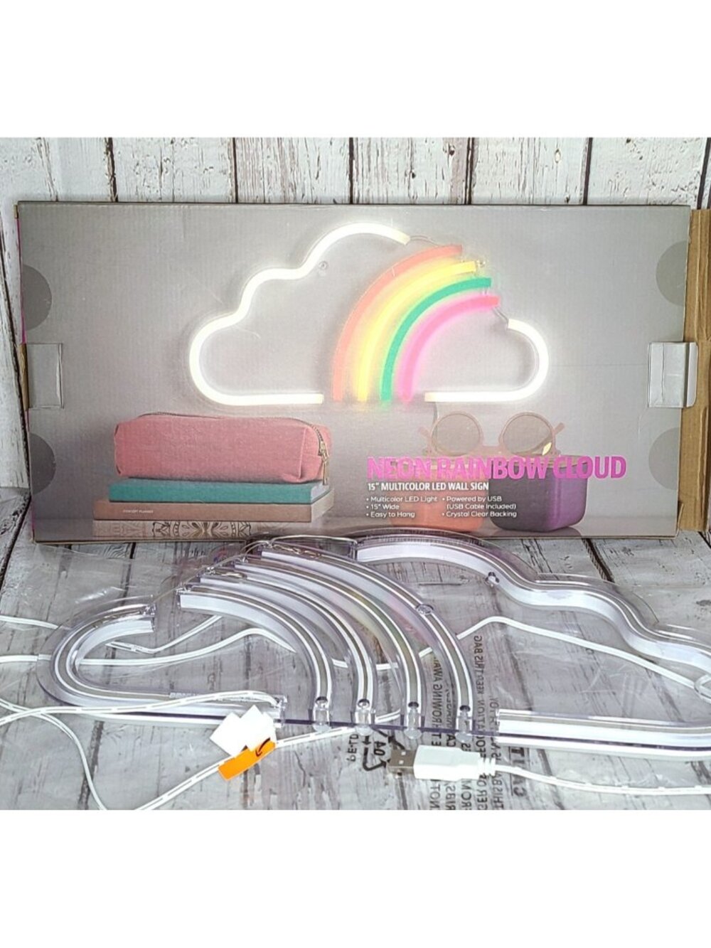 15" Neon White Cloud & Rainbow LED Light Wall Decor USB Powered Acrylic